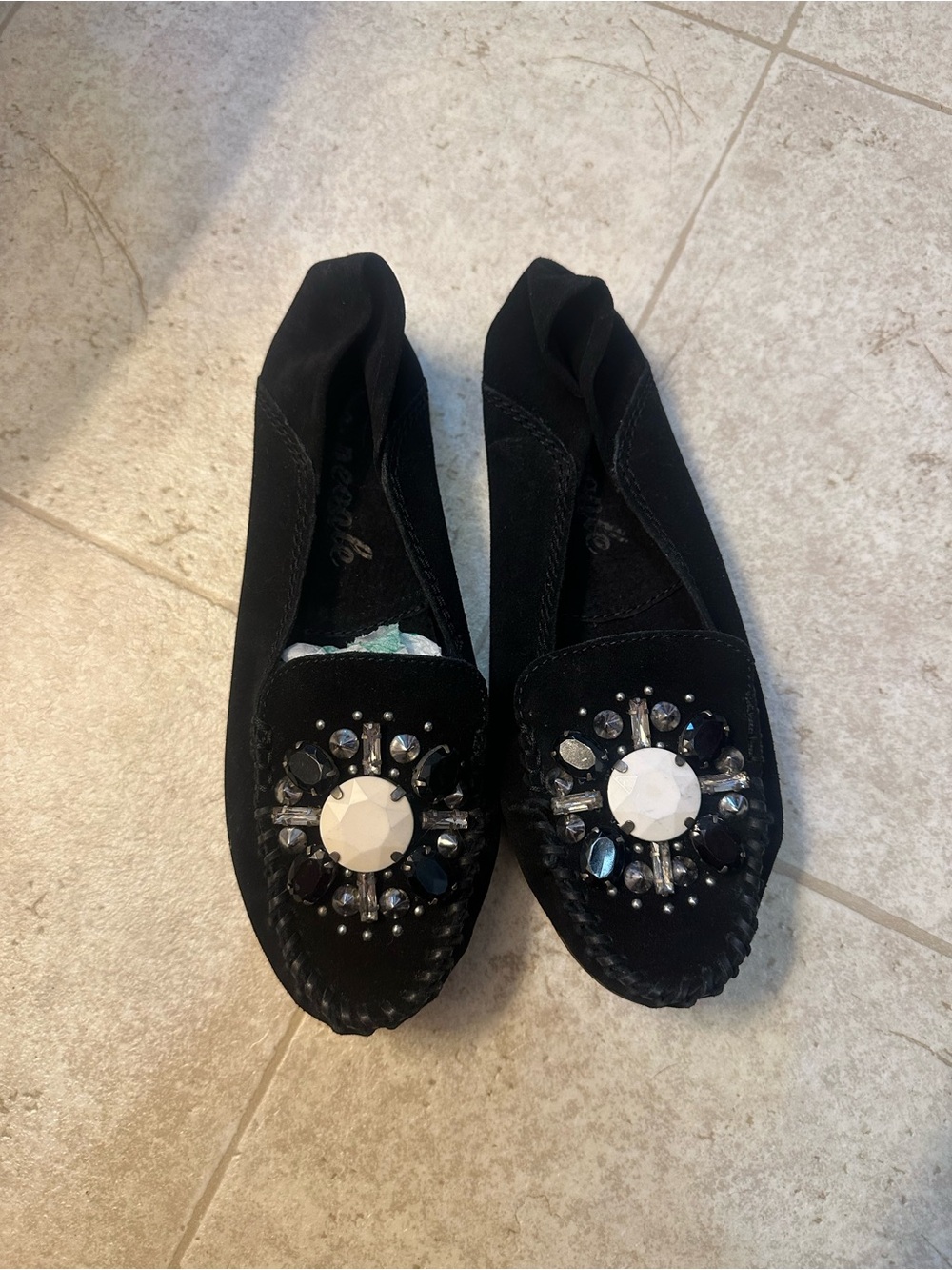 Free People Cherokee Gem Stone Moccasin Flats Black Suede Women’s Size 8(38)